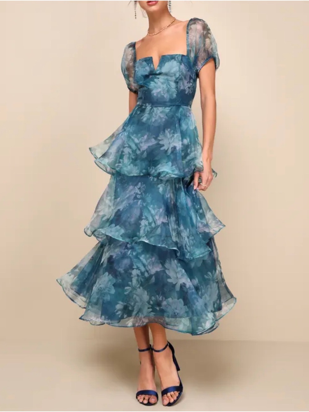 Lulu's Teal Floral Tiered Midi Dress with Puff Sleeves